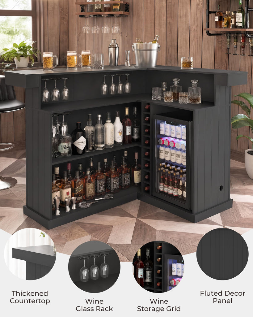 67" L Shaped Home Bar Cabinet with Fridge Space, Basement Bar