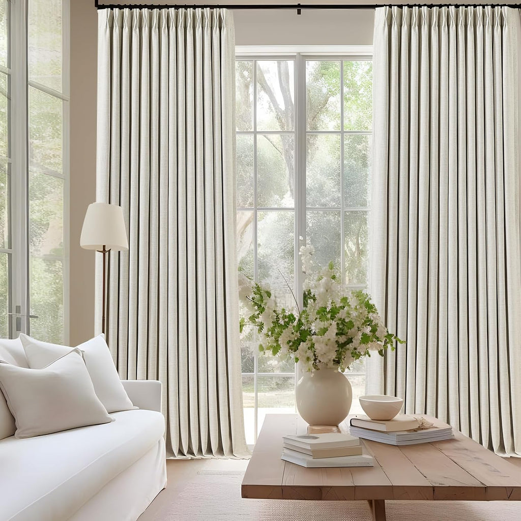Natural Pinch Pleated 100% Blackout Linen Curtains 90 Inch Length, Black Out Pinch Pleat Curtains for Living Dining