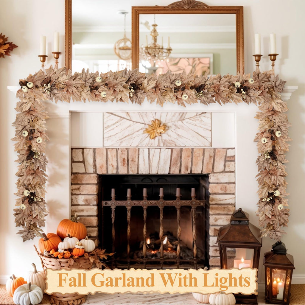 9 FT Lighted Fall Garland with Lights Autumn Automatic ON/Off Timer
