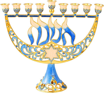 Hand Painted Enamel Candelabra with Star of David and Hanukkah Design and Embellished with Gold Accents and Crystals