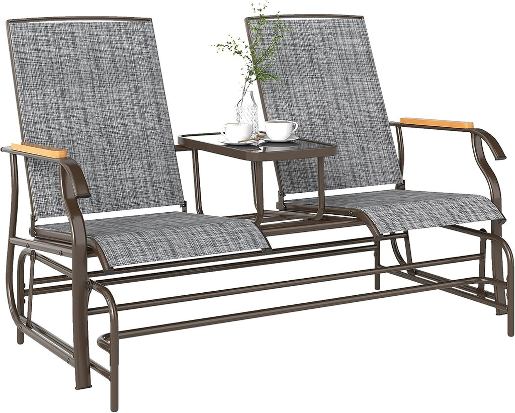 2 Person Outdoor Glider Bench Breathable Mesh Gray | Patio Swing Glider Chair Loveseat, Table, Steel Frame, Garden
