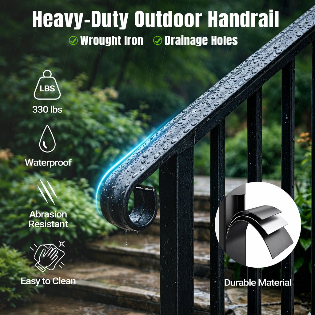 2 Pack 3 Step Handrails for Outdoor Steps, Wrought Iron Stair Railing Fits 2 or 3 Steps, Metal Hand Rail with