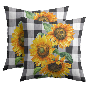 Spring Summer Sunflower Floral Pillow Covers 16x16 Inch Set of 2 Buffalo Black White Plaid Throw Pillow Cases Outdoor