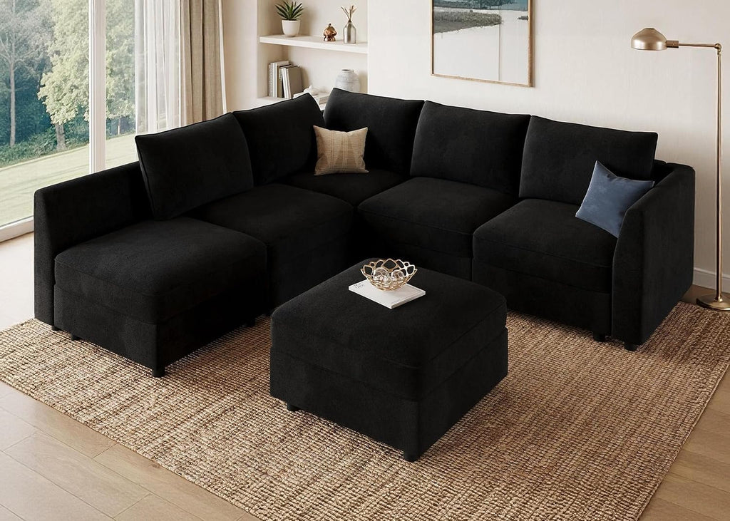 Modular Sectional Couch L Shaped Sectional Sofa with Storage Velvet Convertible Sectional Couches ,Black
