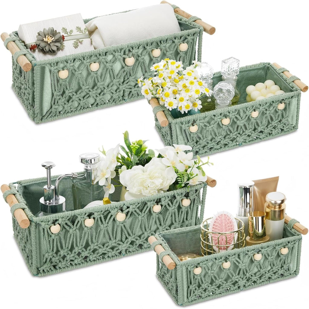 4 Pcs Sage Green Macrame Storage Basket for Shelves 13" 11" Boho Storage Basket Hand Woven Boxes with Wood Handles