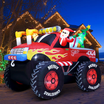 8 FT Long Santa in Monster Truck Christmas Inflatables Outdoor Decorations, Christmas Blow Up Santa Claus Yard