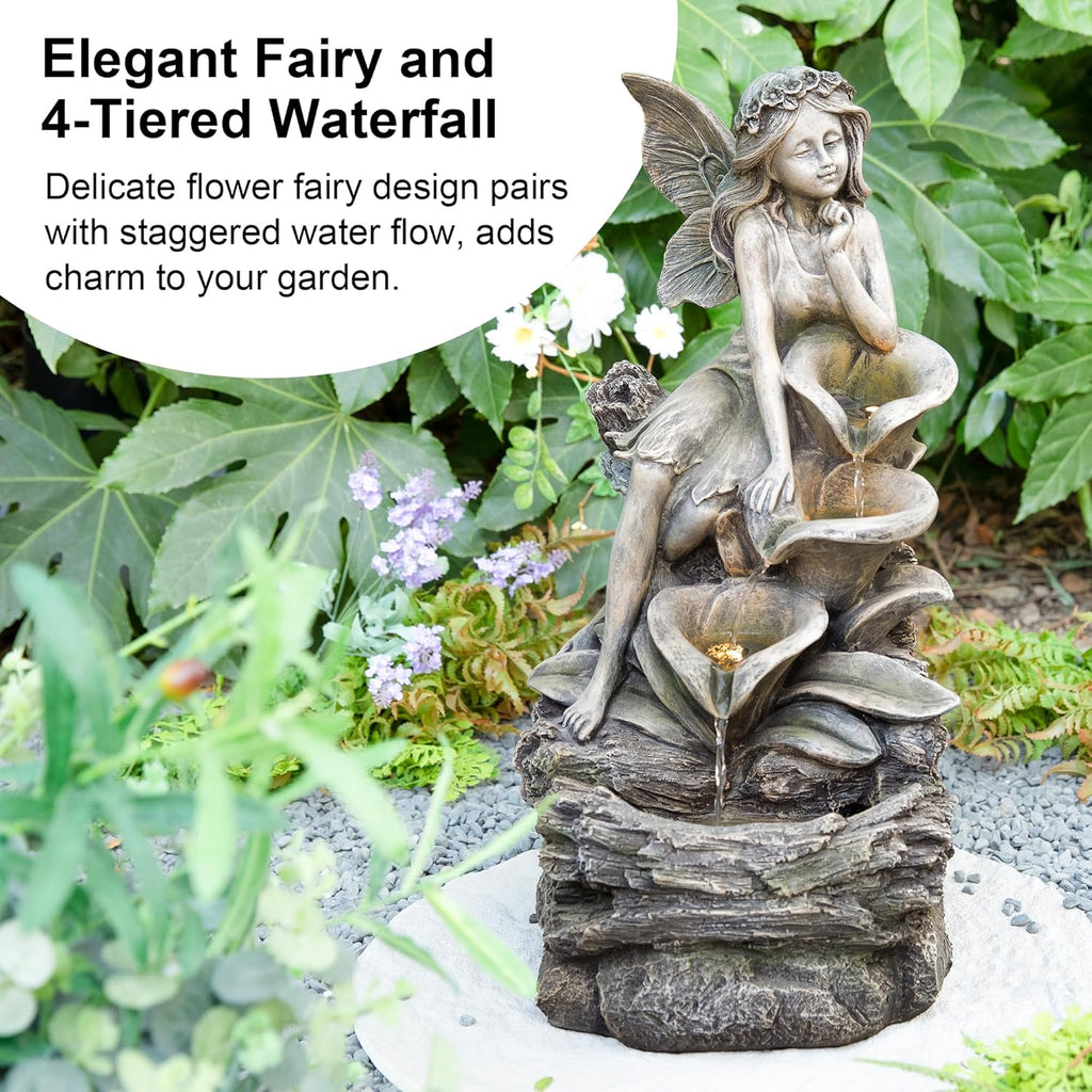 Water Fountain Fountain with Lights & Pump, 22.75" H 4-Tiered Concrete Fairy Polyresin Cascading Waterfall Floor