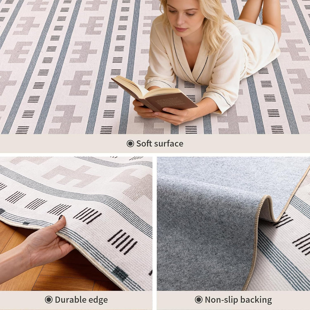 Washable Area Rug, Boho Southwestern, Cream Beige