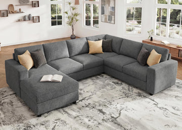 Sectional Sofa with Storage, U Shape Sofa with Chaise, 7 Seater Sectional Couch, Light Grey