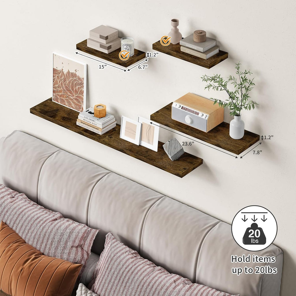 Rustic Wood Floating Shelves for Wall Set of 3, 24 Inches Long Wooden Hanging Shelves Books, Large Wall Mounted
