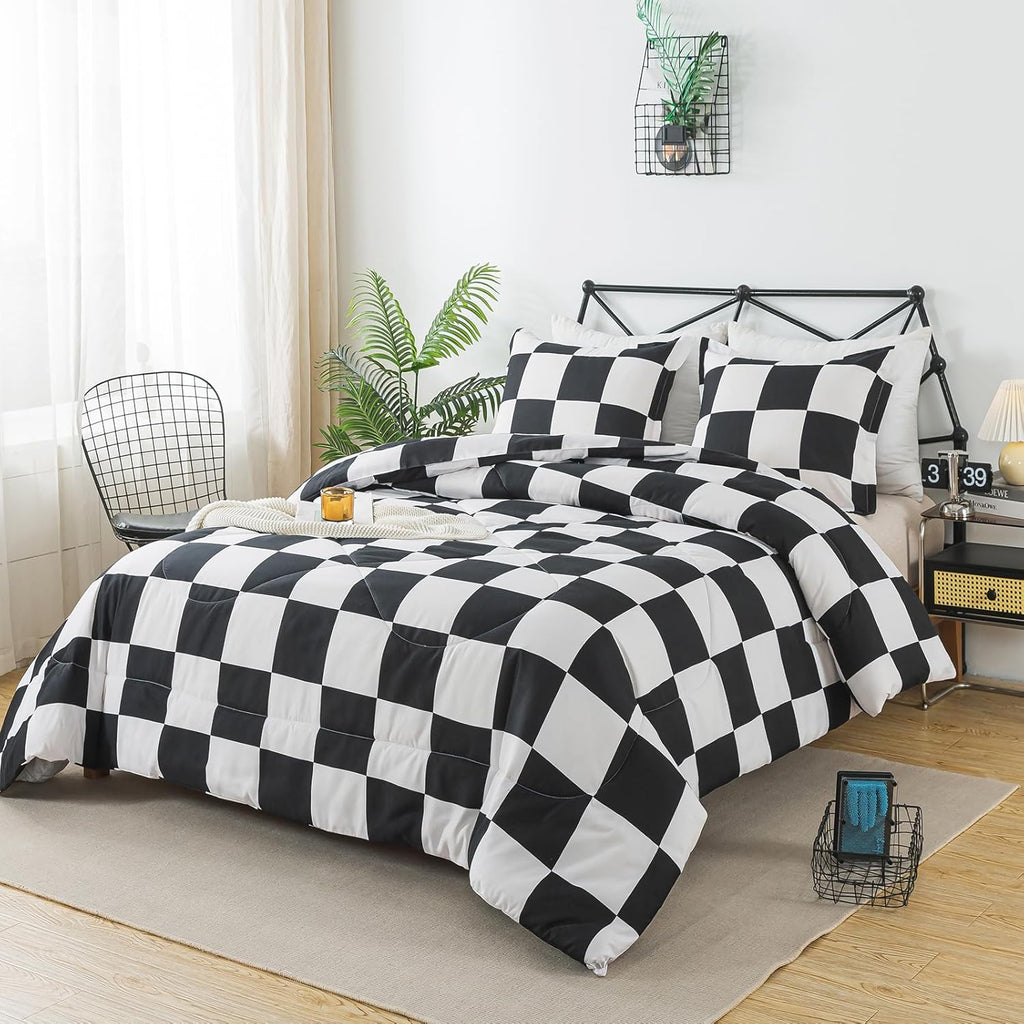 Black and White Checkered Comforter Set, Plaid Twin Checkered Boys Bedding Set for All Seasons, Farmhouse Soft