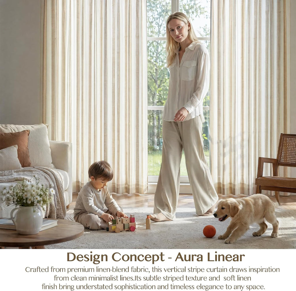 Beige Stripe Pinch Pleated Curtains 84 inches, Linen Blend Light Filtering Gingham Drapes with Memory Pleats for Living Room Bedroom, 2 Panels