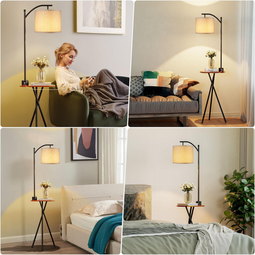 Floor Lamp with Table, End Table Lamp with Remote Control and Charging Station(USB A & Type-C & AC Port), 4 Color