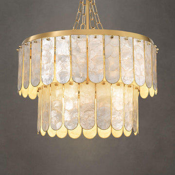 Gold Oyster Capiz Shell Chandelier: Natural Seashell Alabaster Chandeliers - Modern Coastal Dimmable Lighting Fixture