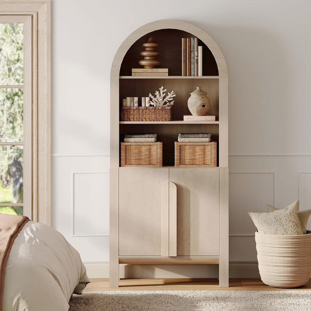 71" Tall Arched Kitchen Pantry Cabinet, 5 Tiers Modern Farmhouse Bookcase with Doors and Adjustable Shelves, Wood