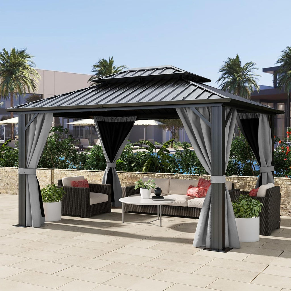 10x12ft Hardtop Gazebo Double Roof with Nettings and Curtains