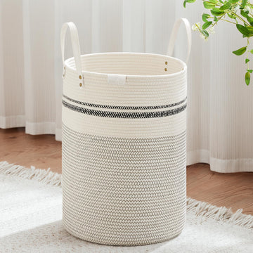 72L Tall Woven Rope Laundry Hamper, Leather Handles, Stripe White