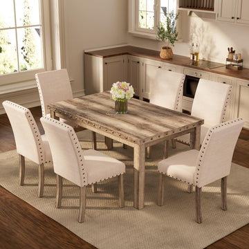 Modern Fort 7-Piece Farmhouse Dining Table Set for 6, 60" Rectangular Wood Dining Table with 6 Upholstered Chairs