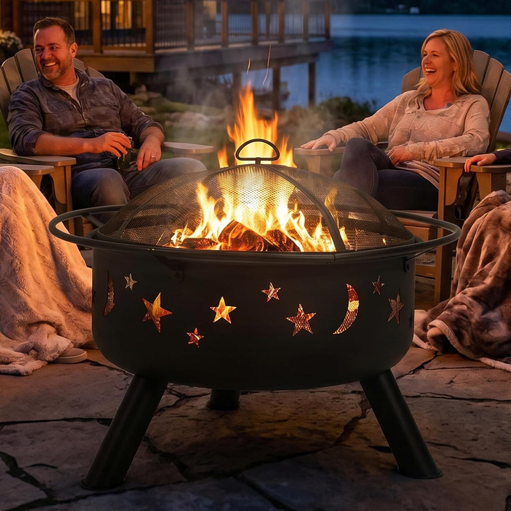 Cosmic 30-Inch Outdoor Fire Pit with Grill Grate, Spark Screen, and Fireplace Poker