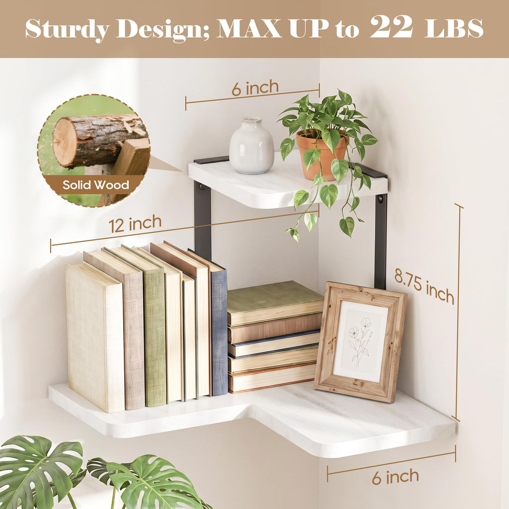 2-Tier Corner Shelf, Rustic Wood Storage Display Shelf, White