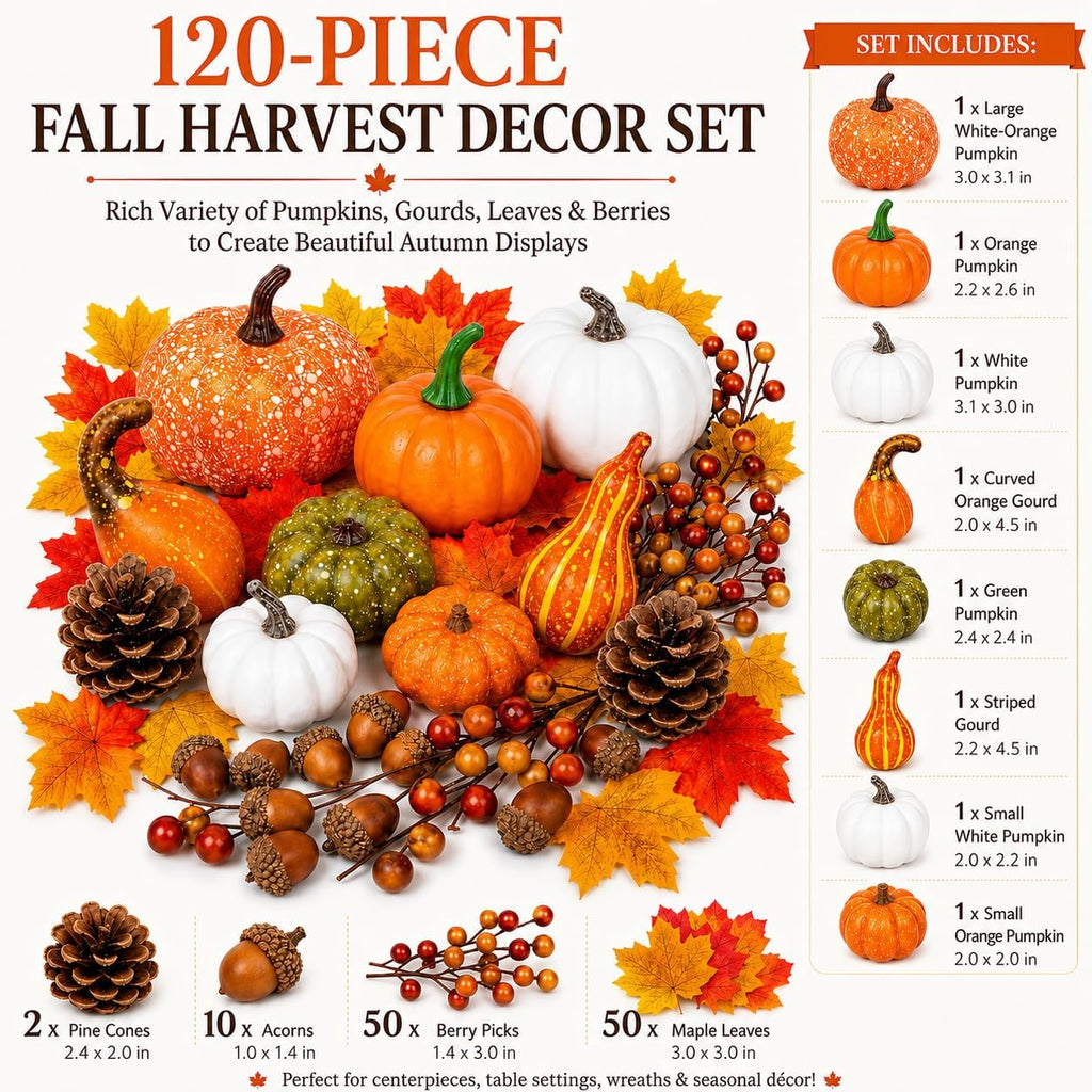 120-Piece Set with Artificial Mini Pumpkins and Gourds - Set of 120