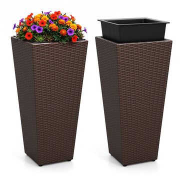 Tall Planters Set of 2, 24"H Tapered Rattan Planter, Brown