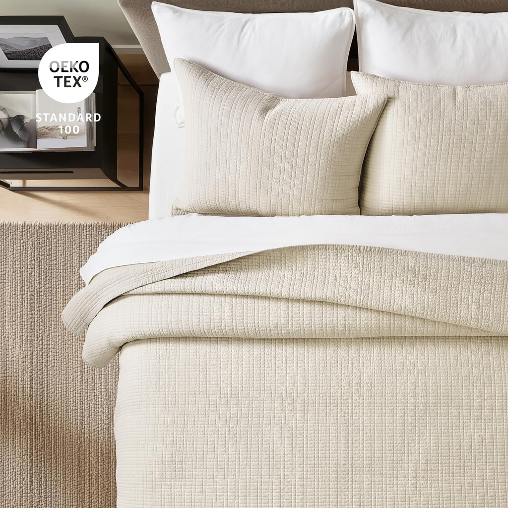 100% Cotton Modern Grid Stitch Quilt Set, Birch