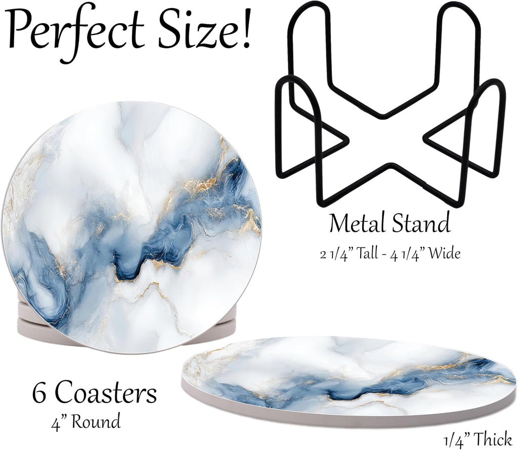 White Agate Marble Round Coasters - Abosrbent Ceramic Coasters with Metal Stand for Drinks, Coffee, Non-Slip - Set of 6