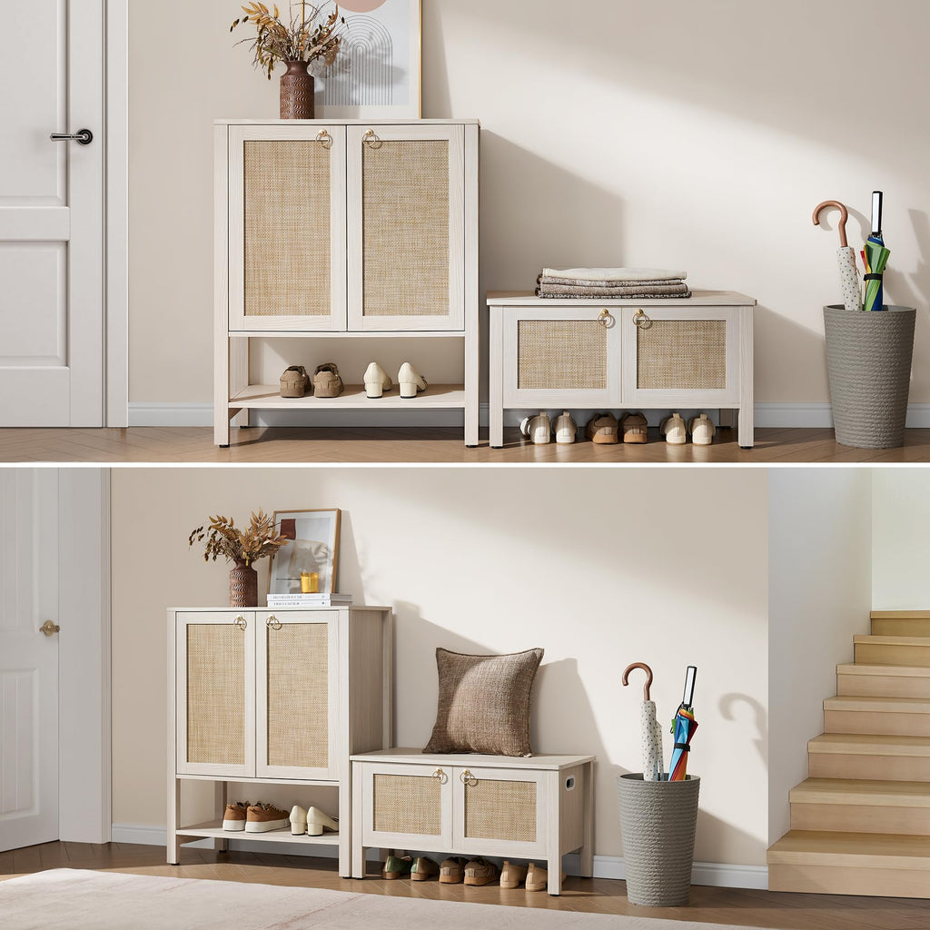 Rattan Shoe Cabinet with Storage, 5 Tier, White Cream Oak