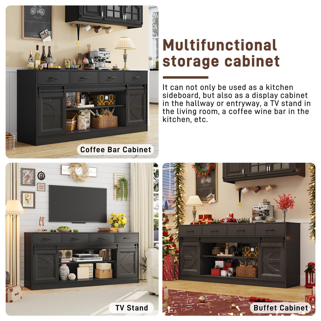 70" Large Buffet Sideboard Cabinet w/4 Drawer, Farmhouse Coffee Bar Cabinet Buffet with Storage, Sliding Door, Long