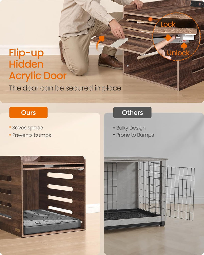 Modern Dog Crate Furniture, Charging Station, Flip-Up Hidden Door
