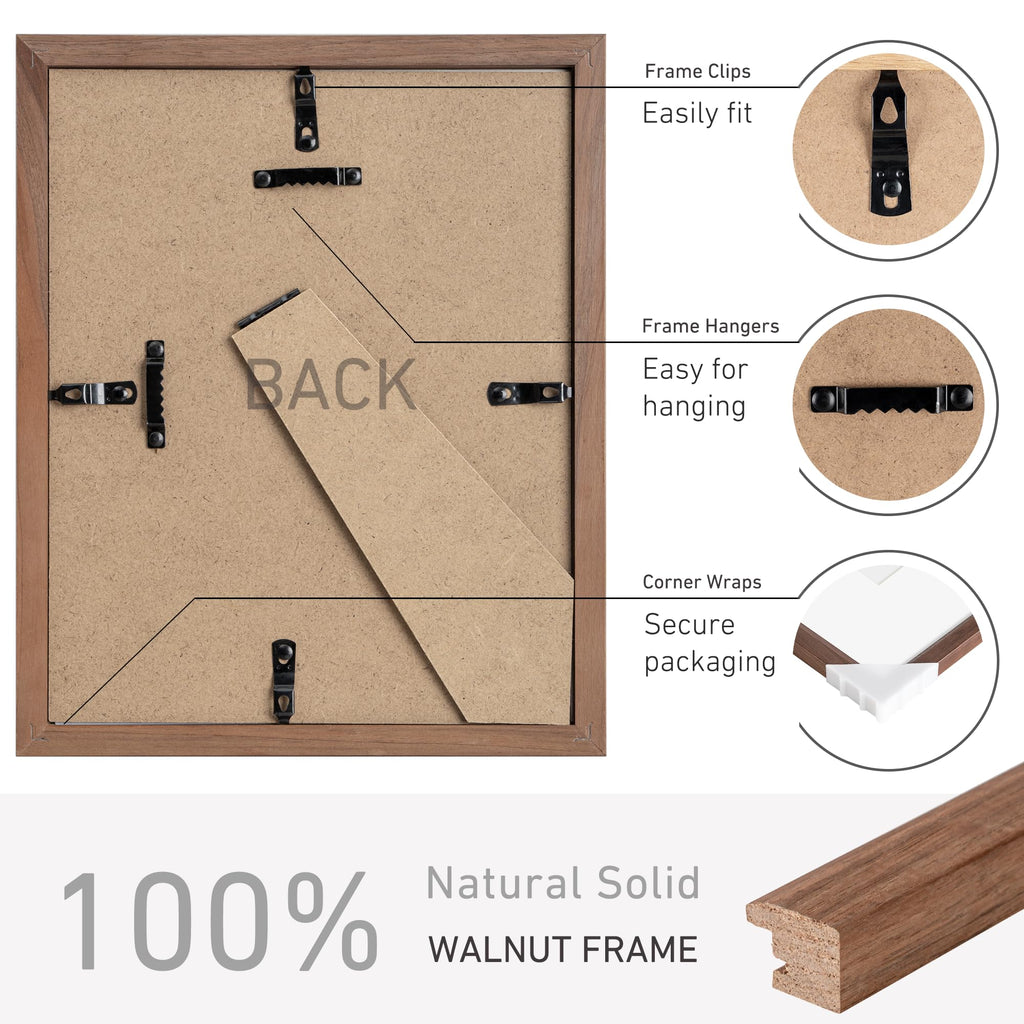 8x10 Picture Frame Set of 4 Natural Solid Walnut Photo Frames with 5x7 Removable Mat Wall Hanging Large Handcrafted