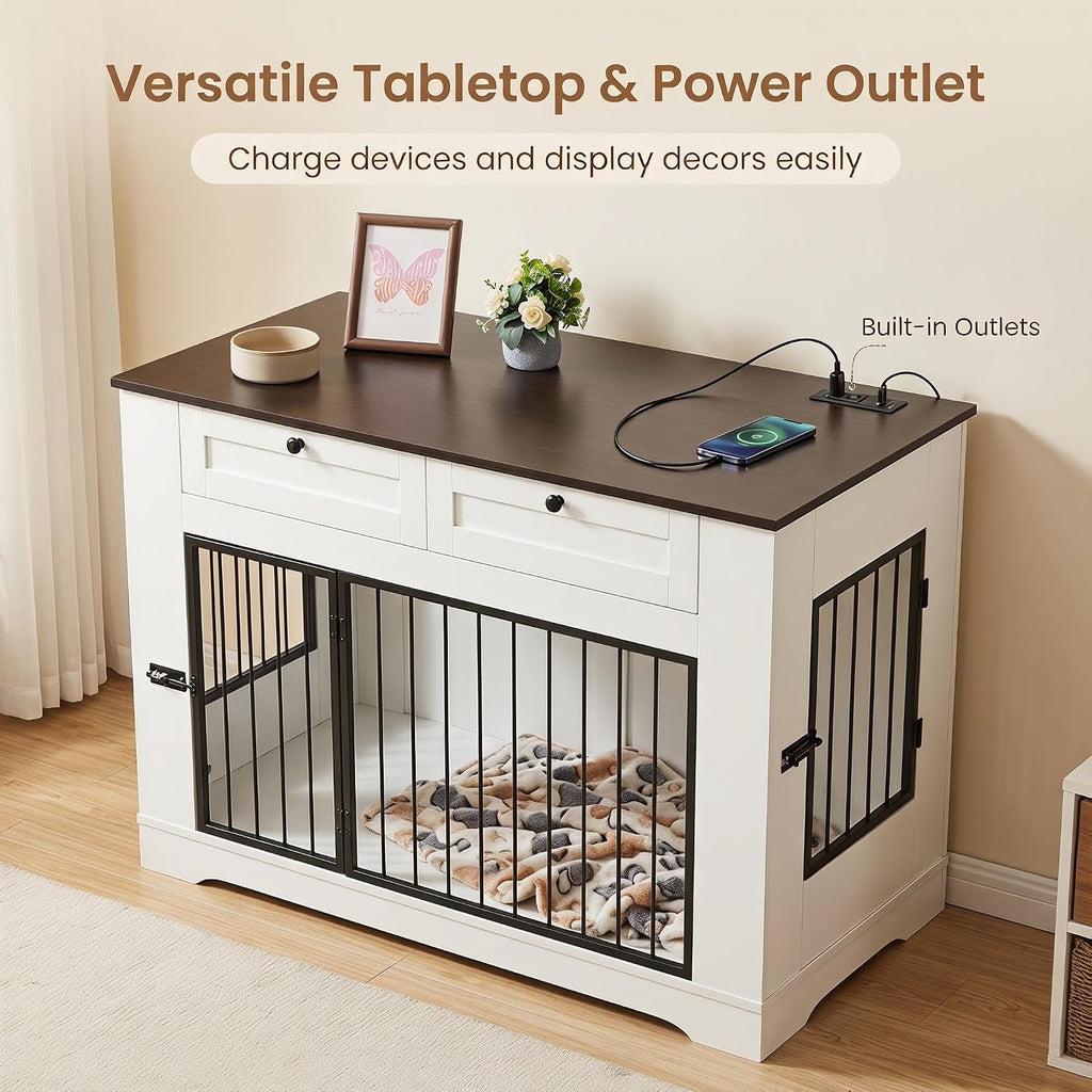 Dog Crate Furniture with Storage Drawers & Power Outlet