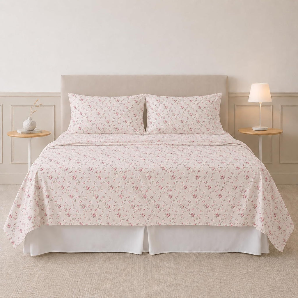 4-Piece Ultra Soft Microfiber Bed Sheets Set, Wrinkle Free Sheets with Deep Pockets Fitted Sheet, Flat Sheet & Pillowcases, Lightweight Breathable Bedding, Floral Rose, Queen