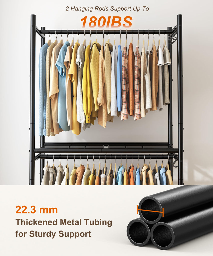 Clothes Rack, 79.7" Double-Tier Clothing Rack with Shelves&Wheels