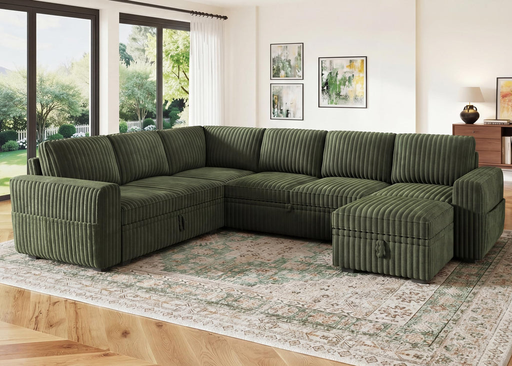 Corduroy U Shaped Sectional Sleeper Sofa with Pull Out Bed, Green