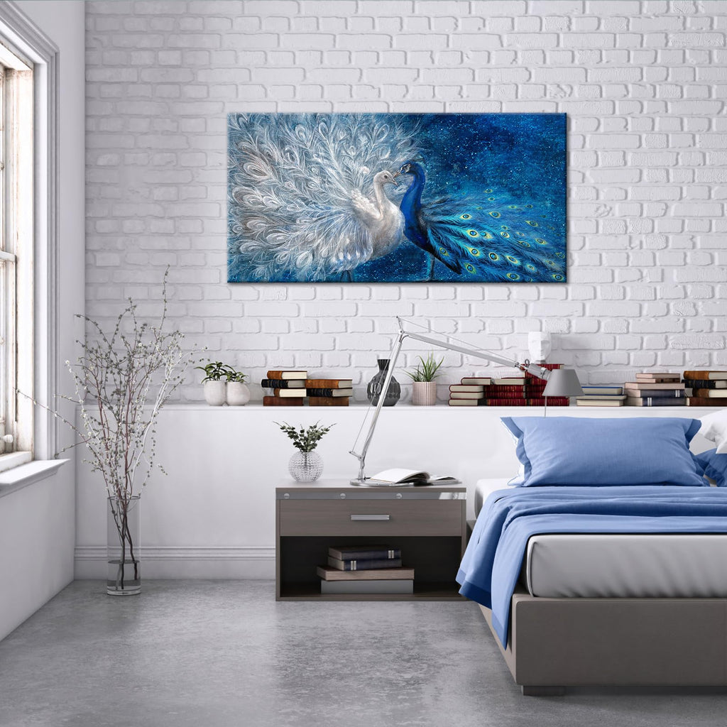 Peacock Canvas Wall Art Blue and White Peacock Couple Painting Pictures Elegant Animal Artworks Romantic Kiss Artwork