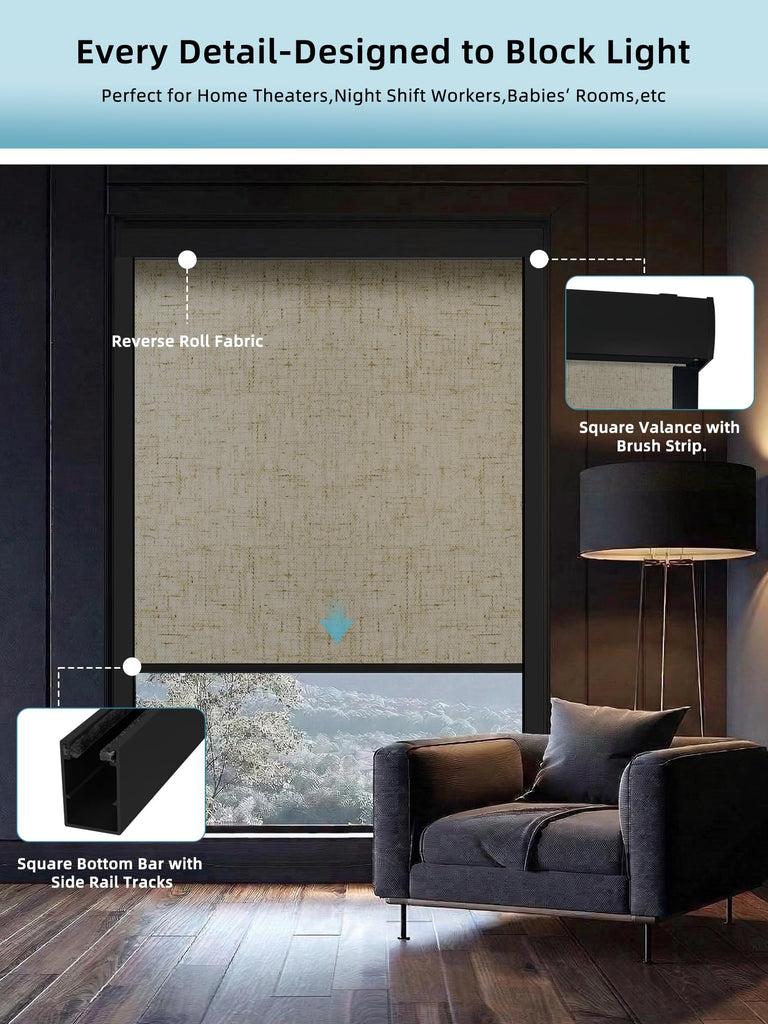 Motorized Smart Roller Shades, 100% Blackout Linen Stone