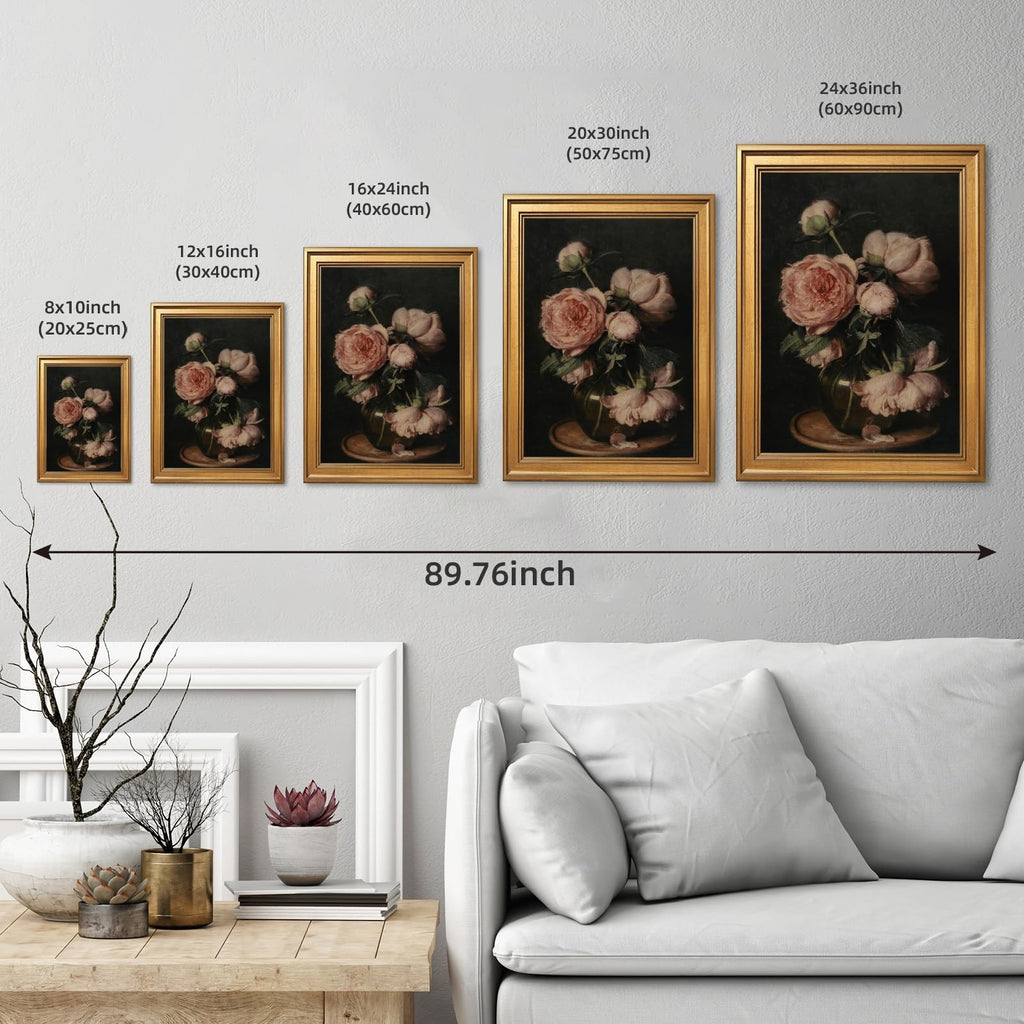 Gold Framed Vintage Floral Still Life Painting Moody Pink Peony Wall Art Canvas Print Dark Academia Flower Peonies