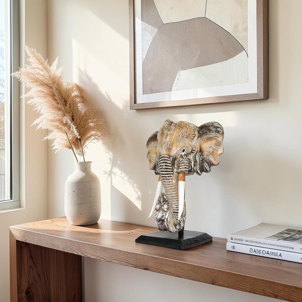 14" Exotic Handcrafted Wooden White Wash Elephant Mask Bust Statue on Stand Sculpture Home Decor Hand Carved Art