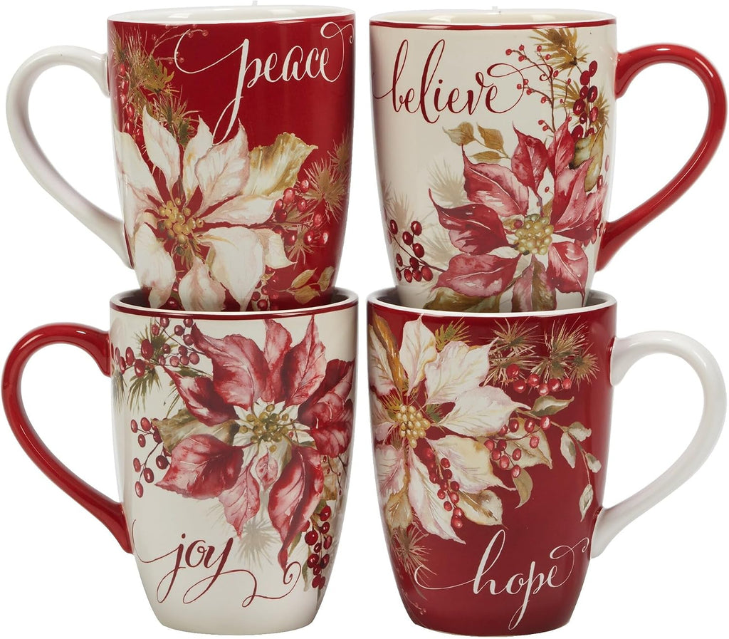 Winters Joy 16 Piece Dinnerware Set Service for 4 Multi Color Red White Holiday Casual Round Ceramic Dishwasher Safe