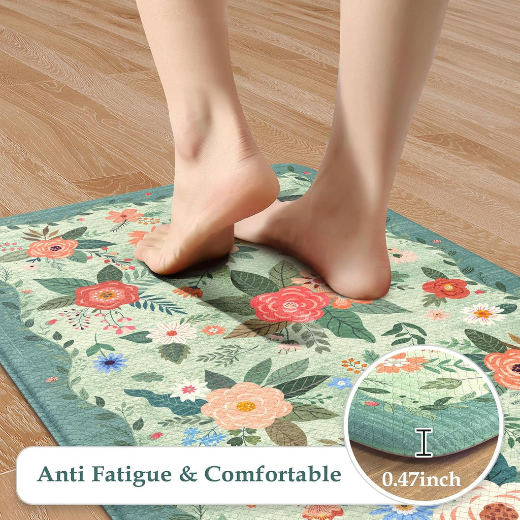 Anti Fatigue Mats Floor Green Farmhouse Kitchen Rugs | 17"x47"+17"x29" Kitchen Rugs Sets of 2 Cushioned Kitchen Floor