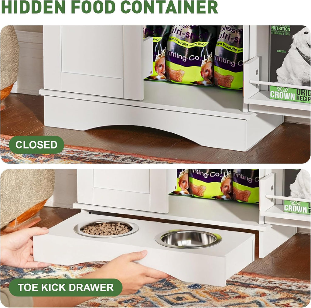 23.5"(w) Dog Feeding Station with Storage, Dual Door Hung Storage, Hidden Feeding Bowls, (Off White)