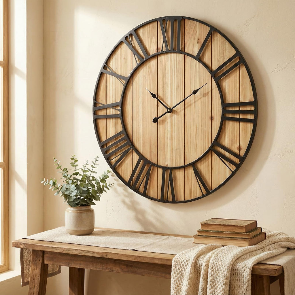 Large Farmhouse Wall Clock 30 Inch Vintage Brown Wooden Wall Clock with Quiet Ticking and Minimalist Roman Numerals