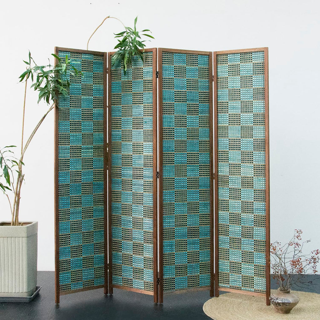 4 Panel Room Divider Screen and Folding Panel Screen, Double Sided Bamboo Divider for Room Separation, Blue Square, 67"