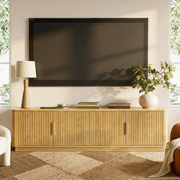 67" Fluted TV Stand with Storage, Faux Marble Top, Boho, Oak