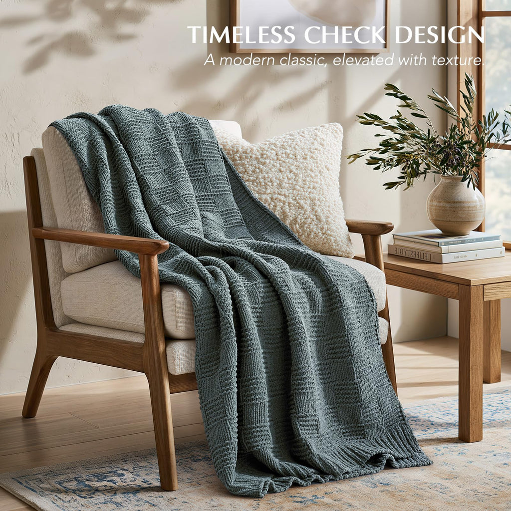 Modern Checkered Chenille Throw Blanket, 50x60, Stormy Blue