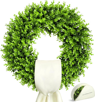 24" Boxwood Wreaths for Front Door - Large Boxwood Wreath with Sash