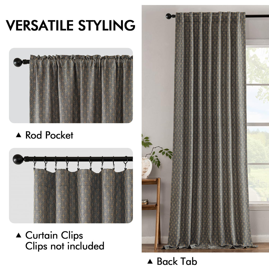 Patterned Farmhouse Linen Curtains, Back Tab, 52Wx84L, Dark Grey