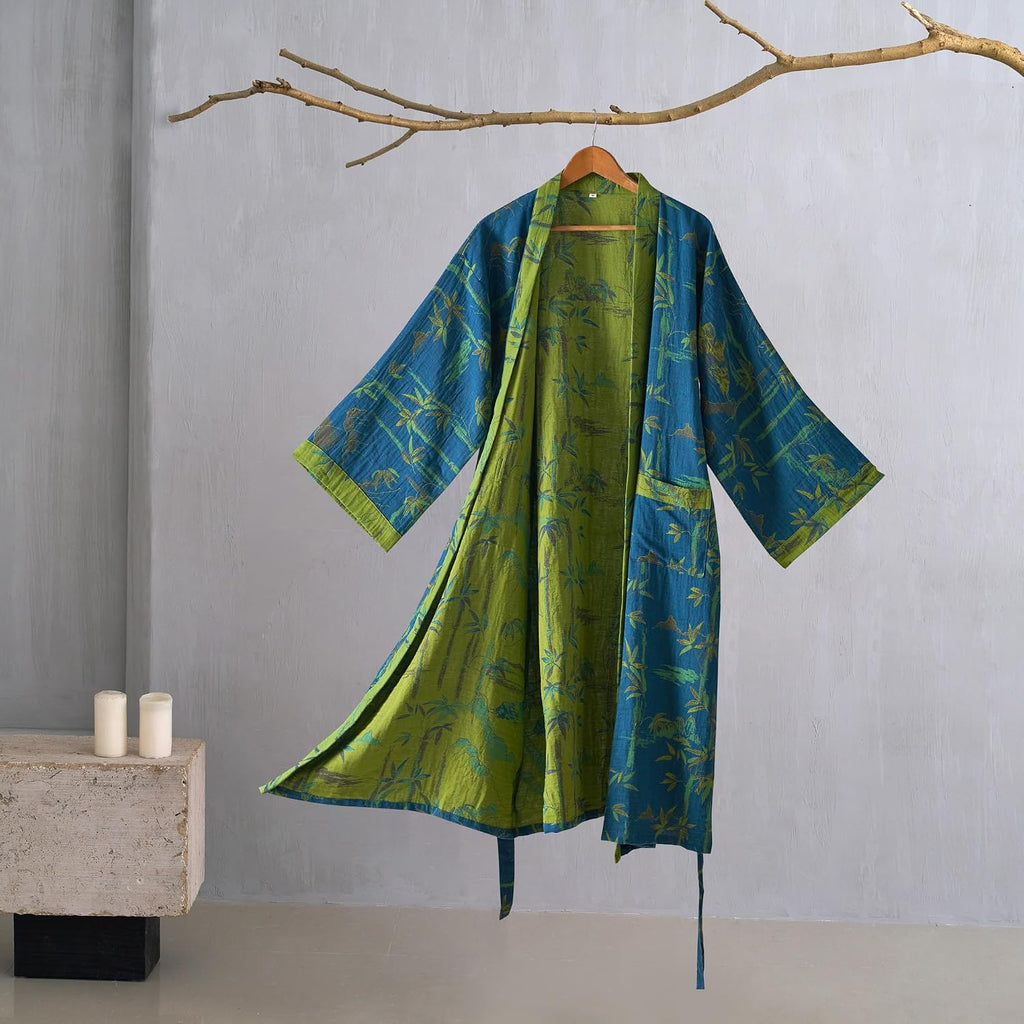 100% Cotton Gauze Ginkgo Leaf Kimono Robe, Long Knit Loose Loungewear Bathrobe Nightgown Ladies Sleepwear for Women